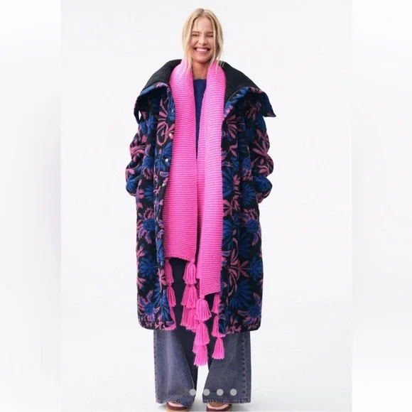 Free People This Love Black and Pink Floral Sherpa lined Coat - Picture 3 of 16